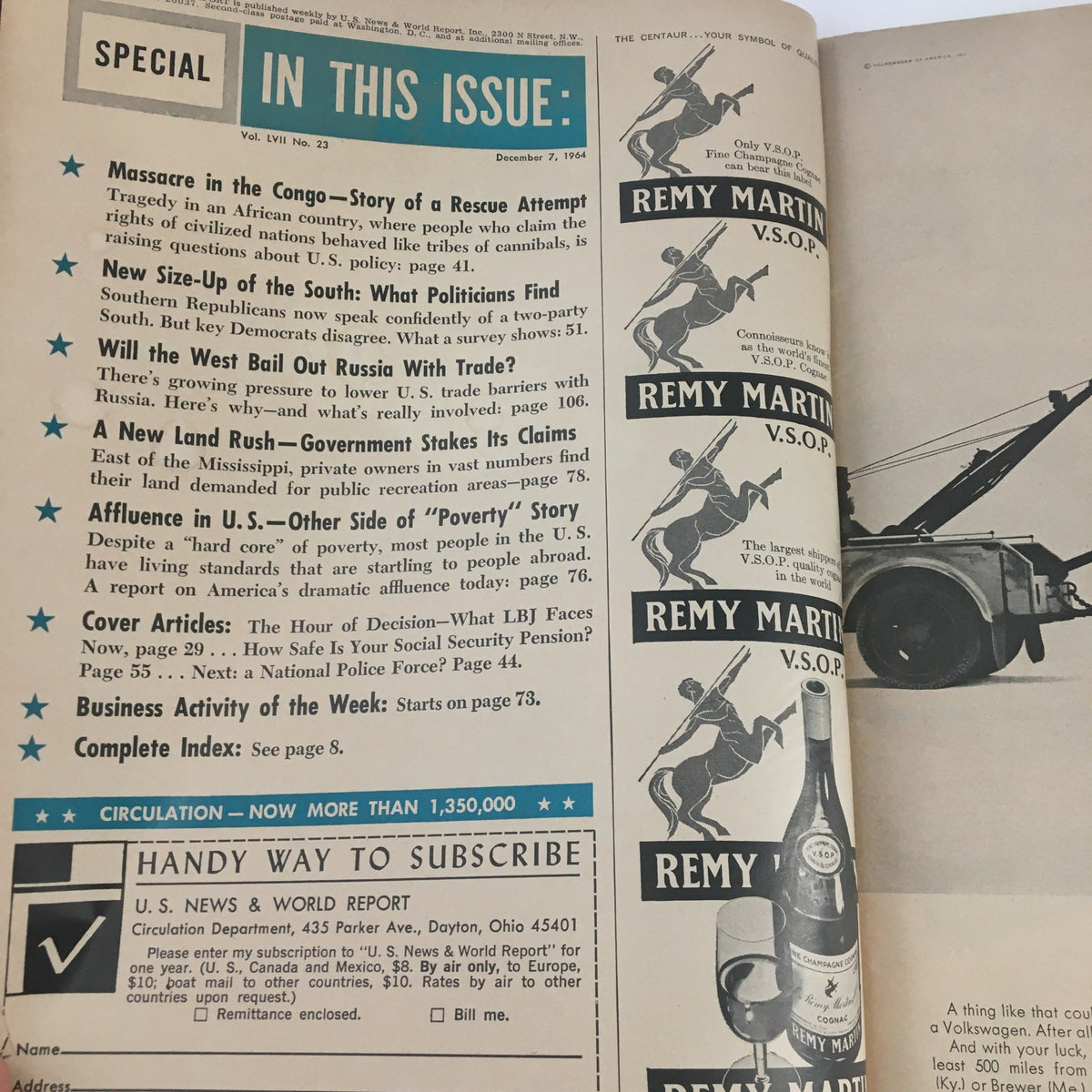 Interior layout of the December 7, 1964 U.S. News & World Report magazine, listing significant articles including 'The Hour of Decision - What LBJ Faces Now' and other features.