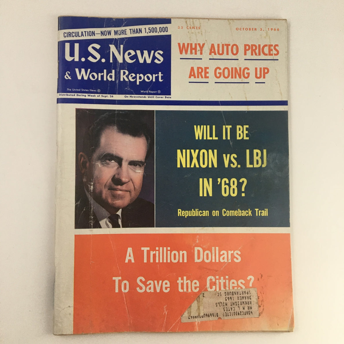 Cover of VTG U.S. News & World Report October 3 1966 featuring Richard Nixon and the headline on the upcoming presidential election between Nixon and Lyndon B. Johnson.
