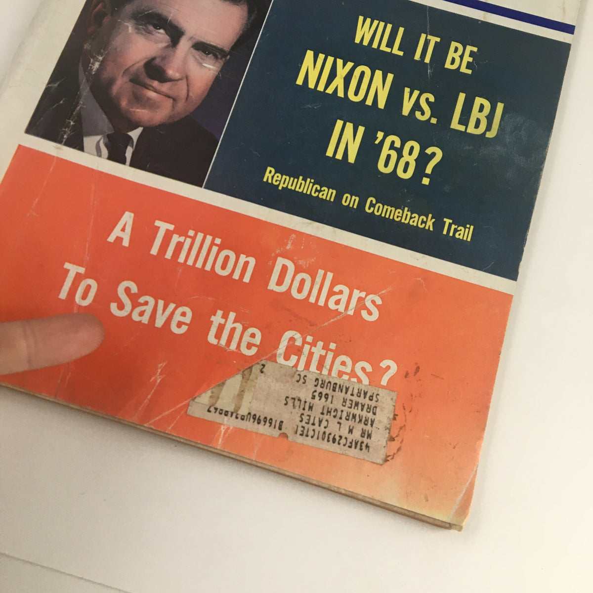 Close-up of the cover of VTG U.S. News & World Report October 3 1966 highlighting the headline about Nixon vs. LBJ and the article title on urban financial challenges.