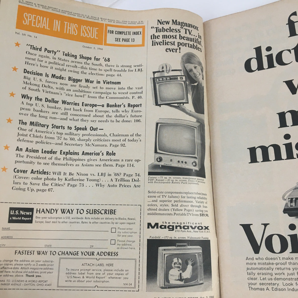 Inside page of U.S. News & World Report from October 3, 1966, featuring articles about political topics like the Vietnam War and presidential elections, highlighted by an advertisement for a Magnavox TV.