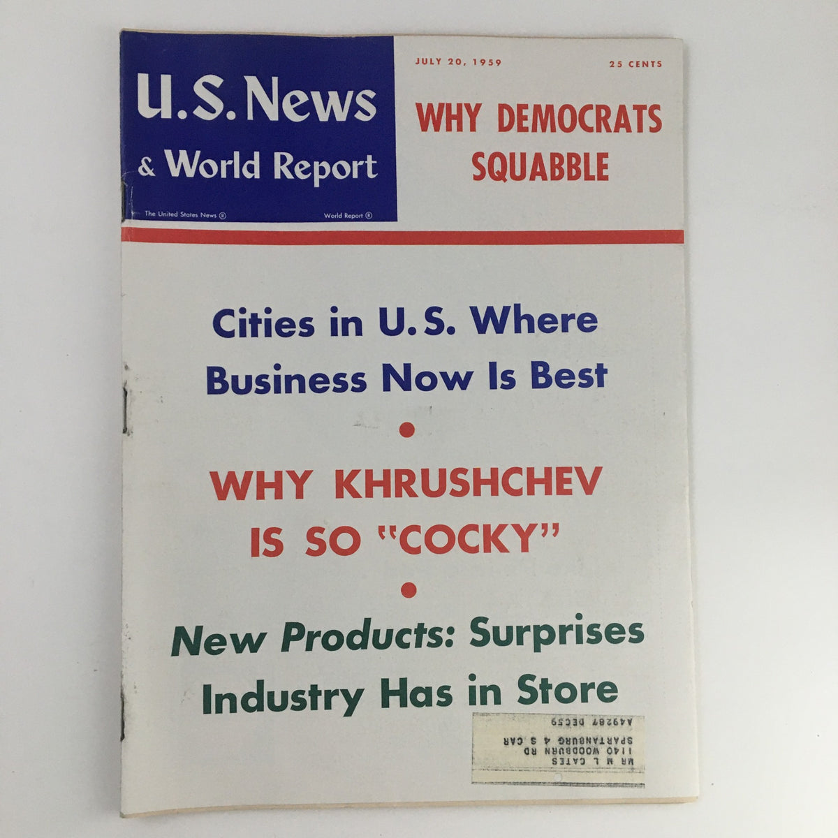 Vintage U.S. News & World Report cover from July 20, 1959, featuring the article 'Why Nikita Khrushchev is so "Cocky"' and headlines about American cities and new products.