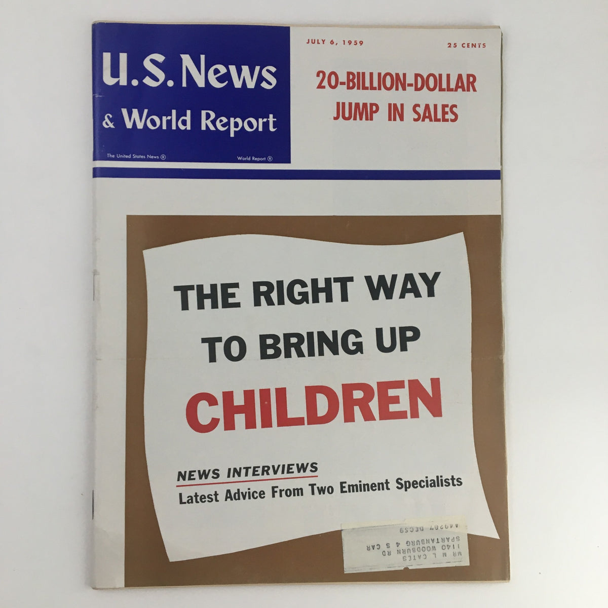 Vintage U.S. News & World Report magazine cover from July 6, 1959, featuring the article 'The Right Way to Bring Up Children,' highlighting parenting advice and family life in the 1950s.
