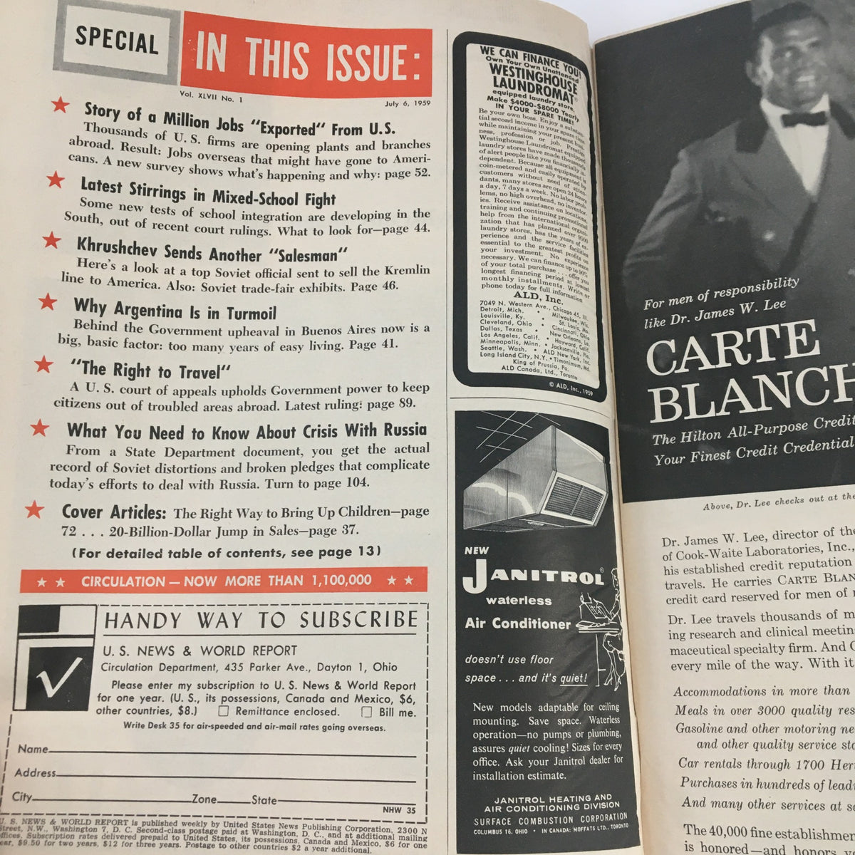 Inside page of U.S. News & World Report July 6, 1959 issue, showing contents including articles and advertisements, with a focus on 'The Right Way to Bring Up Children' and a summary of features in the magazine.