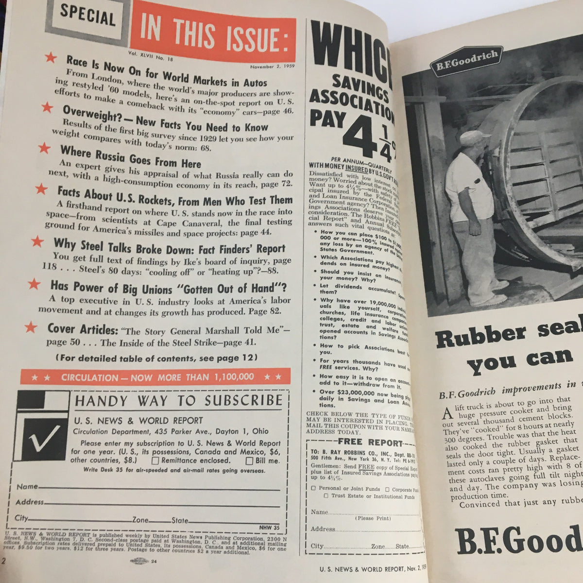 Interior page of VTG U.S. News & World Report November 2 1959 displaying contents, including articles related to General Marshall and significant topics of the era.