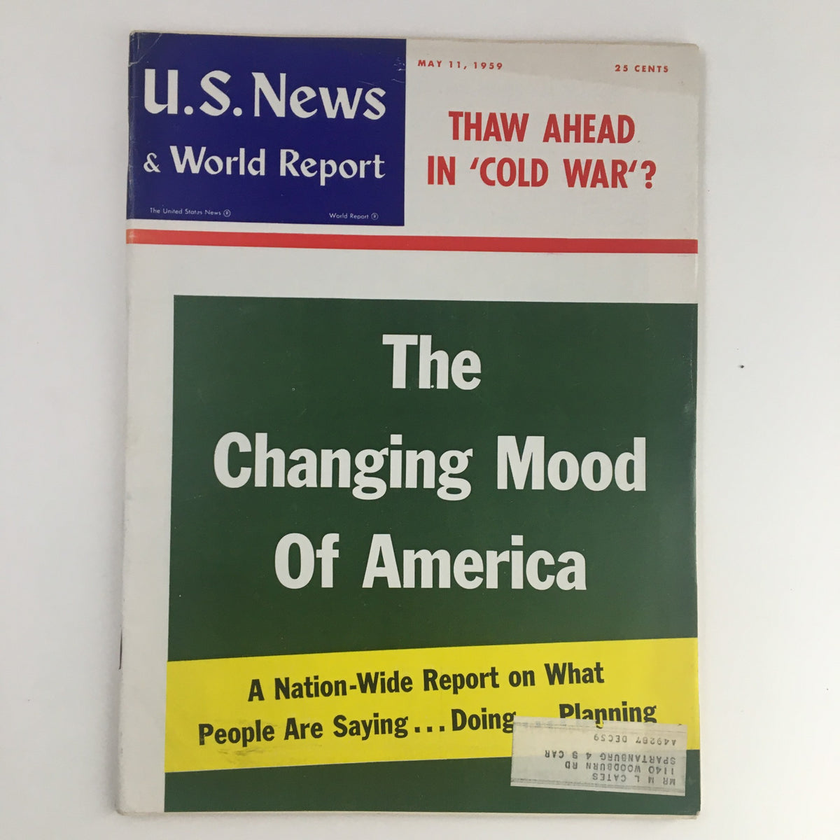 Cover of the May 11, 1959 edition of U.S. News & World Report titled 'The Changing Mood of America,' featuring headlines about societal trends and a price tag of 25 cents.