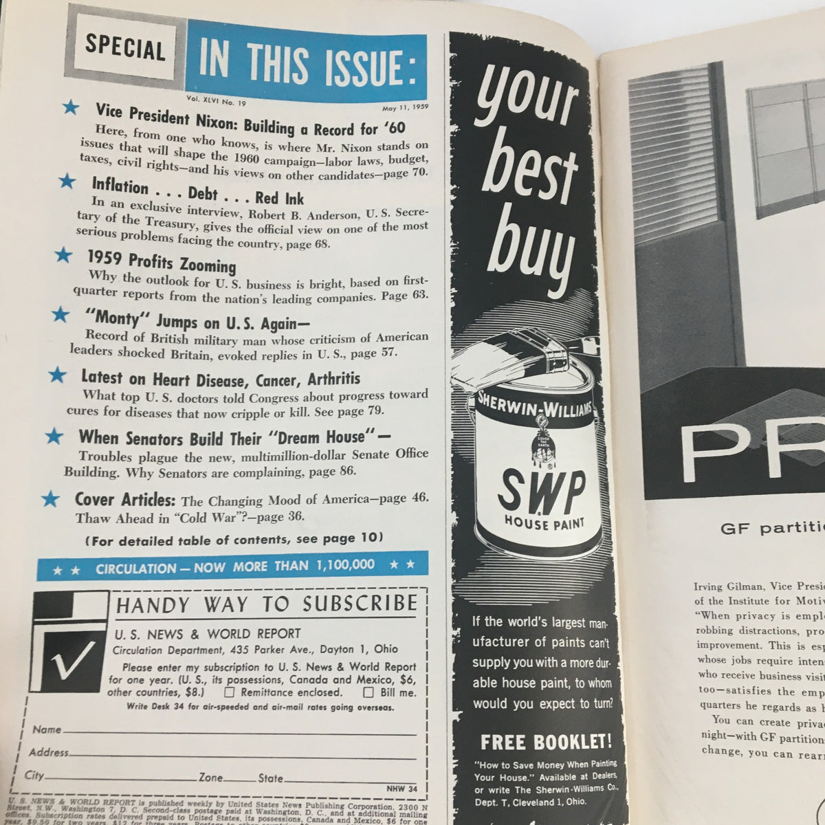 Inside page of the VTG U.S. News & World Report from May 11, 1959, featuring articles on Vice President Nixon, inflation, and health issues, showcasing the magazine's theme 'The Changing Mood of America.'