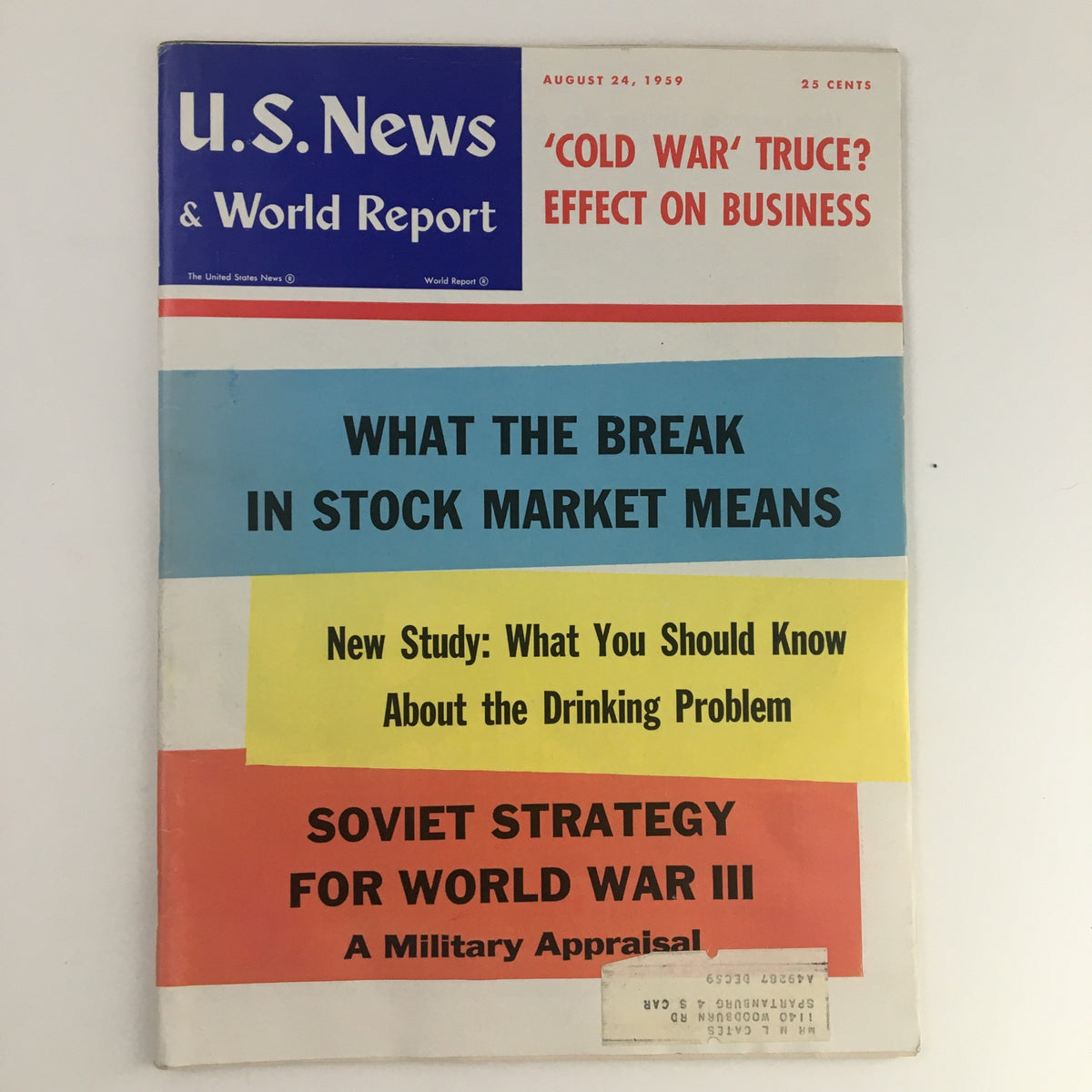 Cover of VTG U.S. News & World Report August 24 1959 featuring a bold title 'What The Break in Stock Market Means', along with articles on Cold War effects on business and Soviet strategy for World War III.