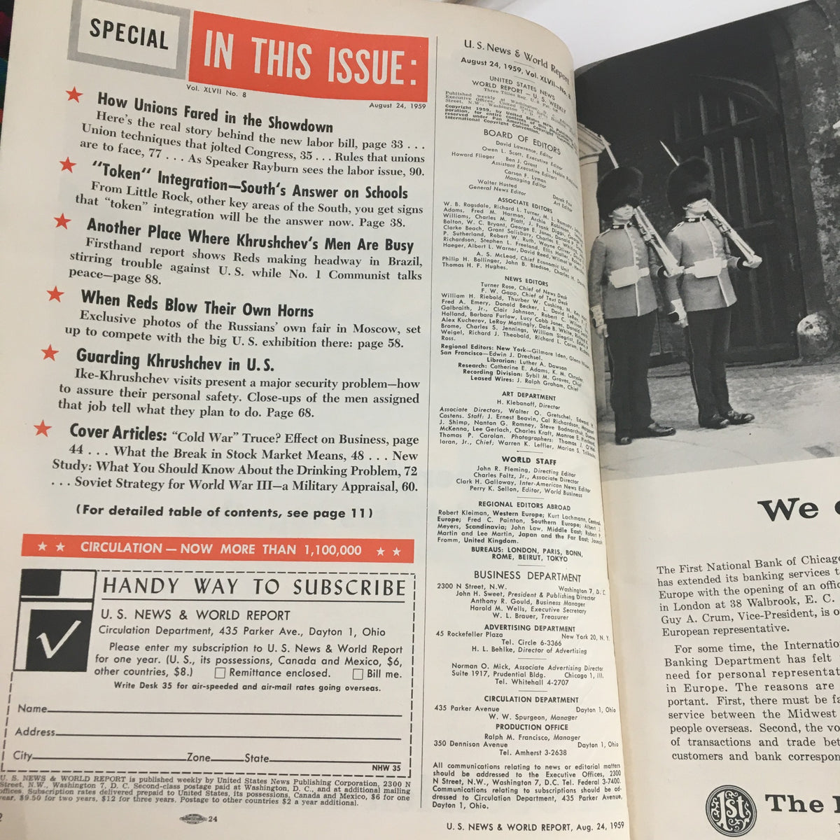 Inside page of VTG U.S. News & World Report August 24 1959 showcasing the table of contents and highlights including articles on labor unions and global issues during the late 1950s.