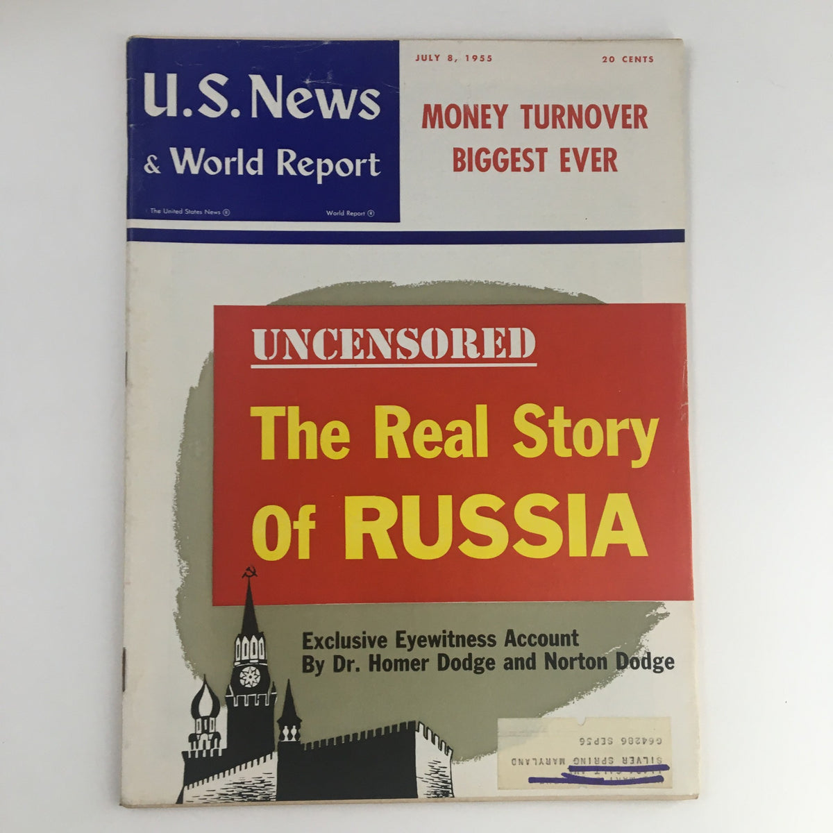 Cover of the vintage U.S. News & World Report from July 8, 1955, featuring the title 'The Real Story of Russia' with a bold red design and historical imagery.