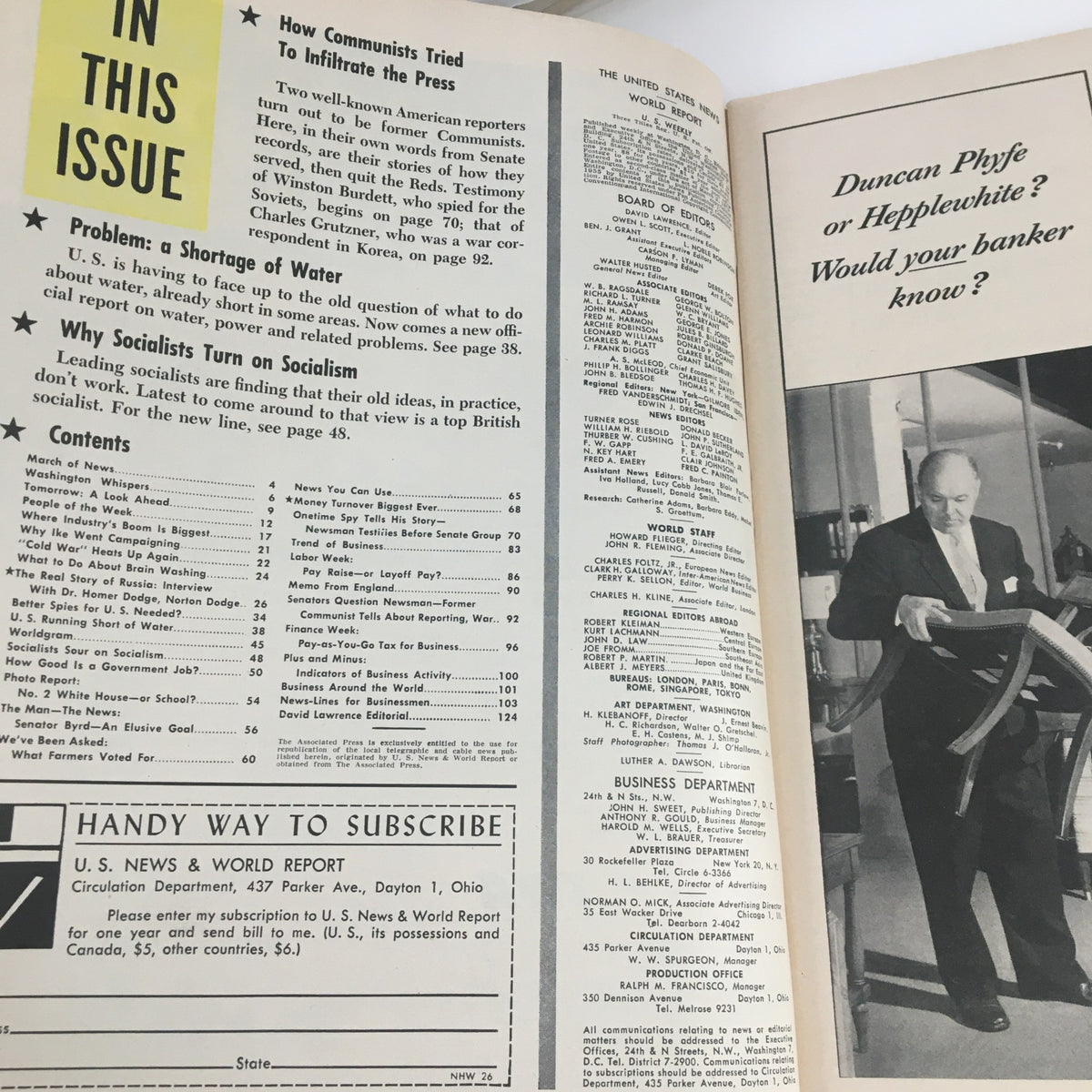 Interior page of the vintage U.S. News & World Report from July 8, 1955, showcasing contents and topics including an article on communism and socialism.