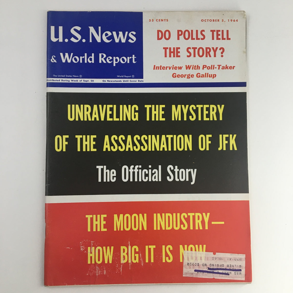 VTG U.S. News & World Report October 5 1964 cover featuring a bold headline 'Unraveling the Mystery of the Assassination of JFK' along with other articles and an address label on the front.
