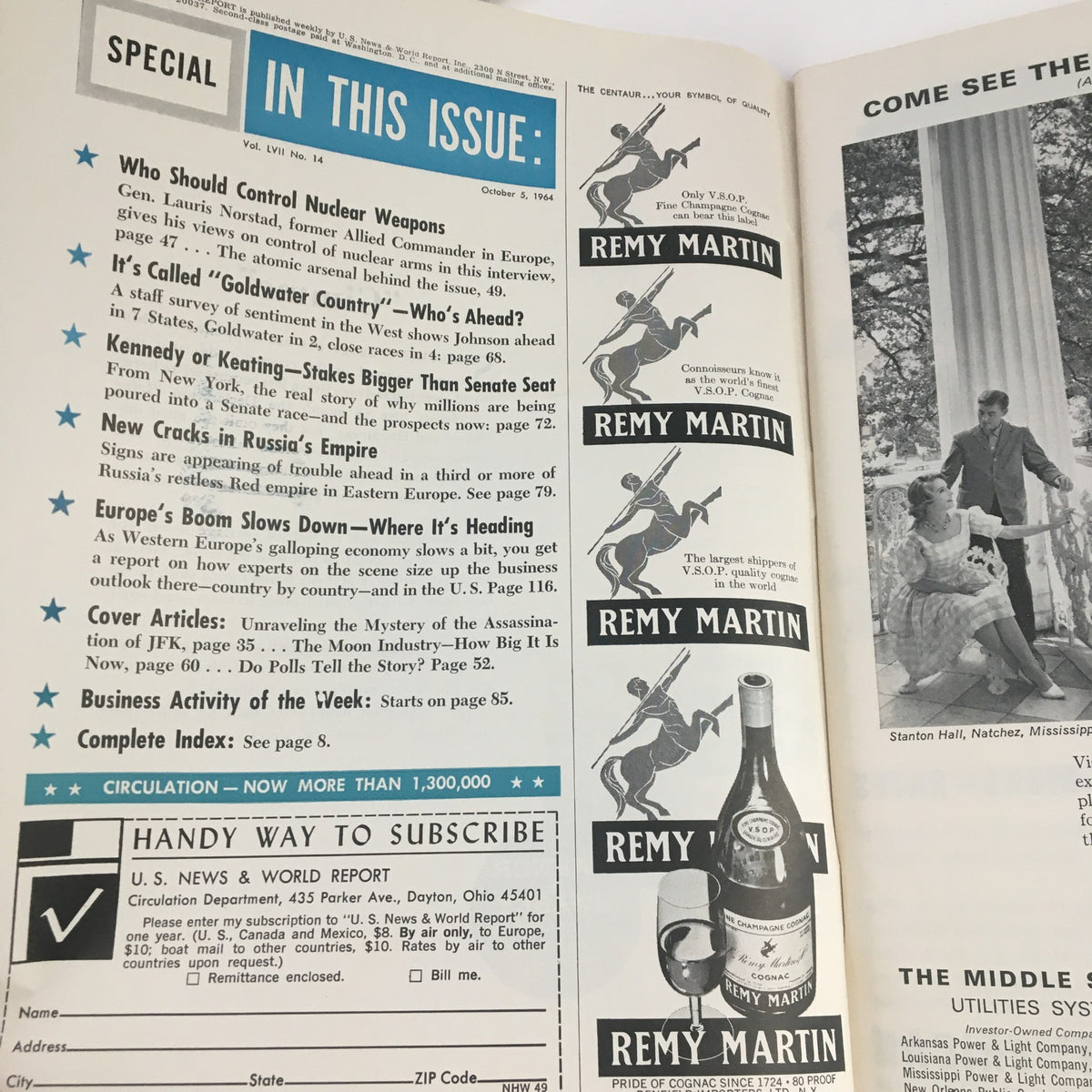 Inside view of VTG U.S. News & World Report October 5 1964, listing features such as 'Cover Articles: Unraveling the Mystery of the Assassination of JFK', and advertisement pages with Remy Martin.