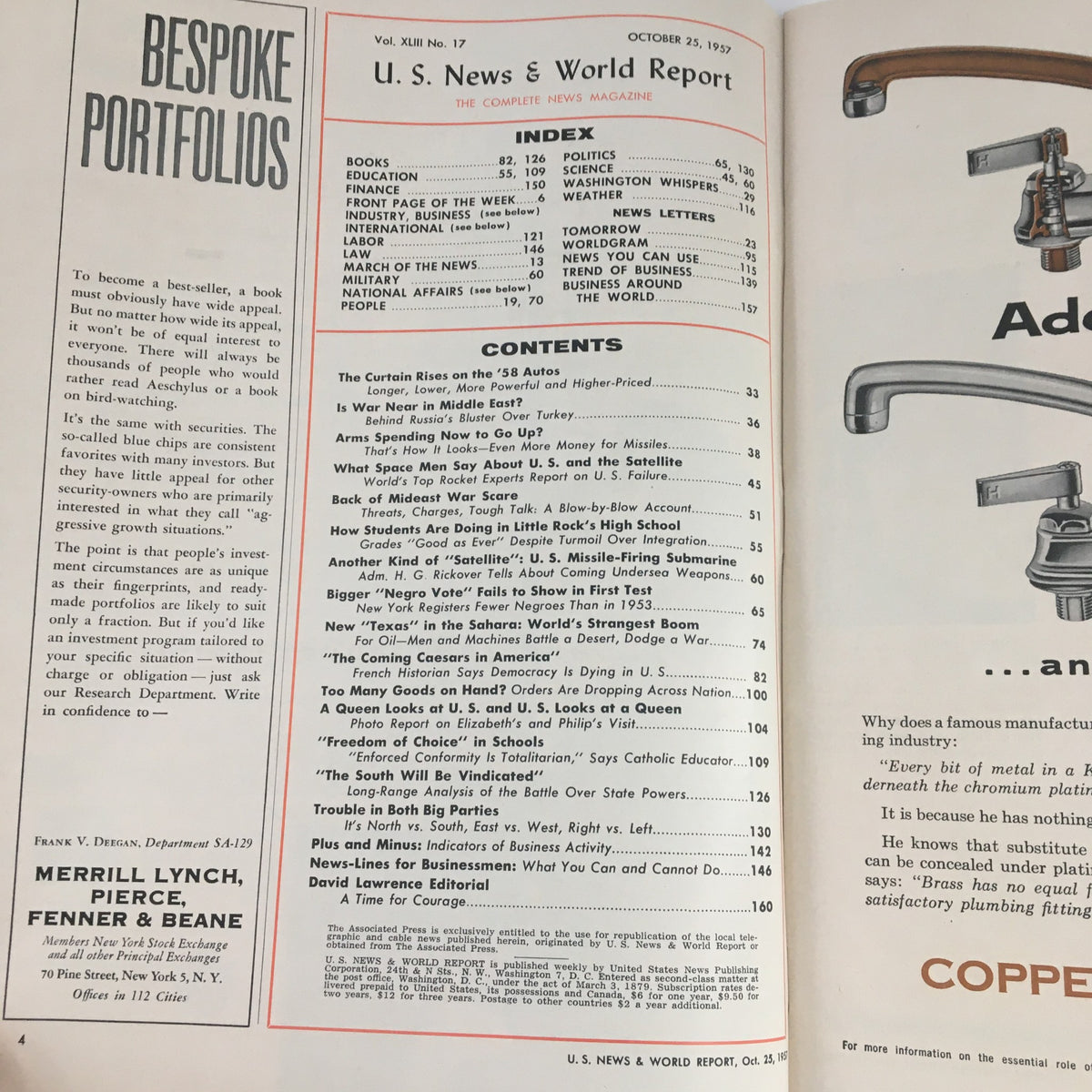 Inside page of U.S. News & World Report, October 25, 1957, displaying the index and contents of the issue, highlighting various articles including 'The Coming Caesars in America'.