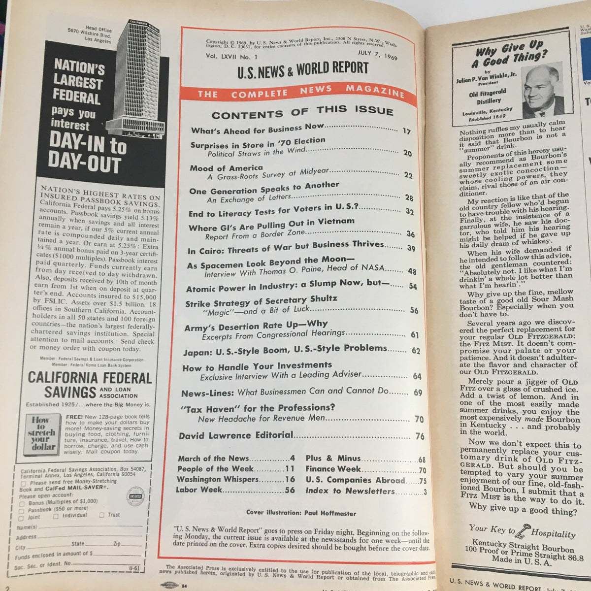 Inside spread of VTG U.S. News & World Report July 7, 1969, displaying contents which include 'As Spacemen Look Beyond the Moon' and various articles related to business, politics, and cultural events of the time.