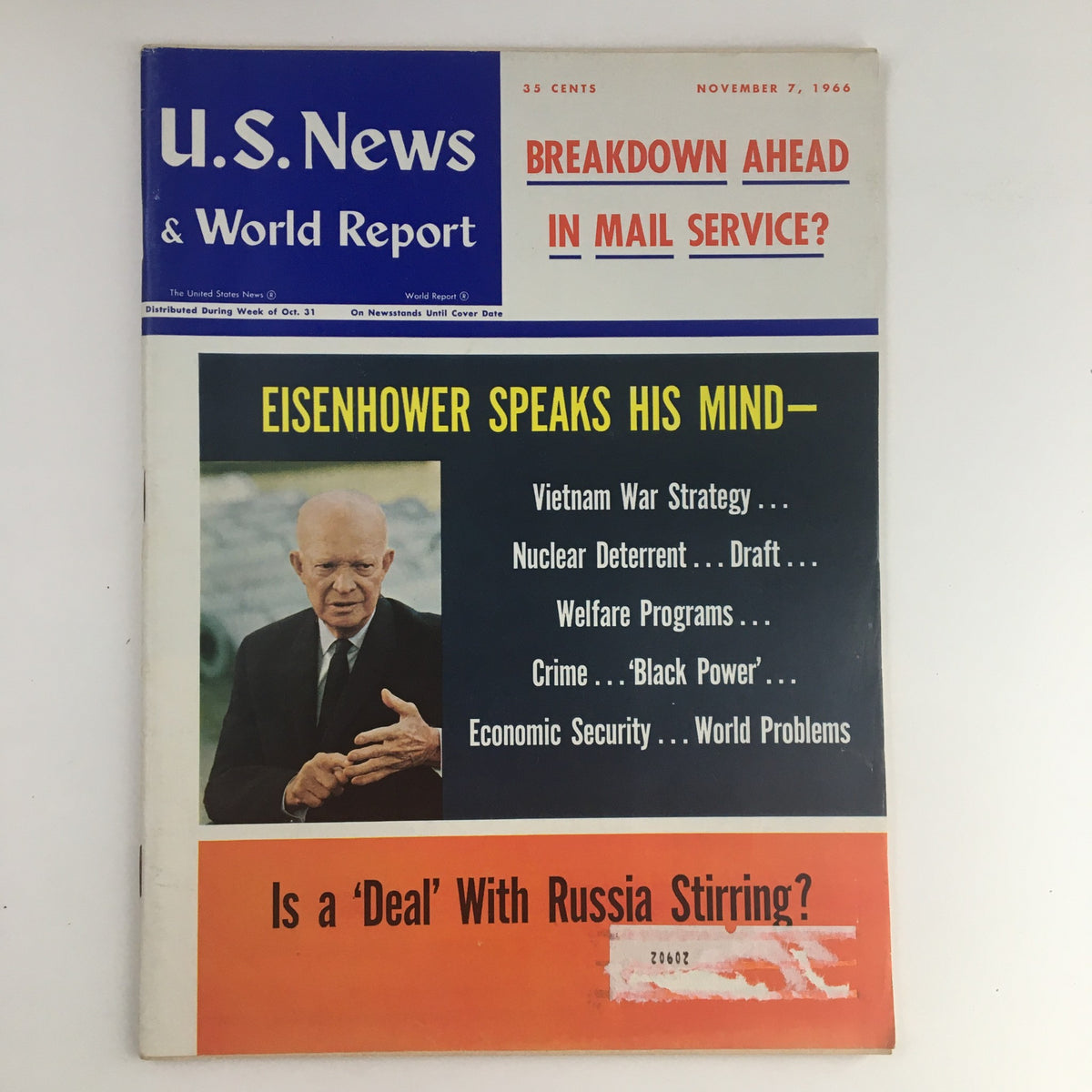 Vintage U.S. News & World Report cover from November 7, 1966 featuring Dwight Eisenhower with the title 'Eisenhower Speaks His Mind' highlighting key political topics of the 1960s.