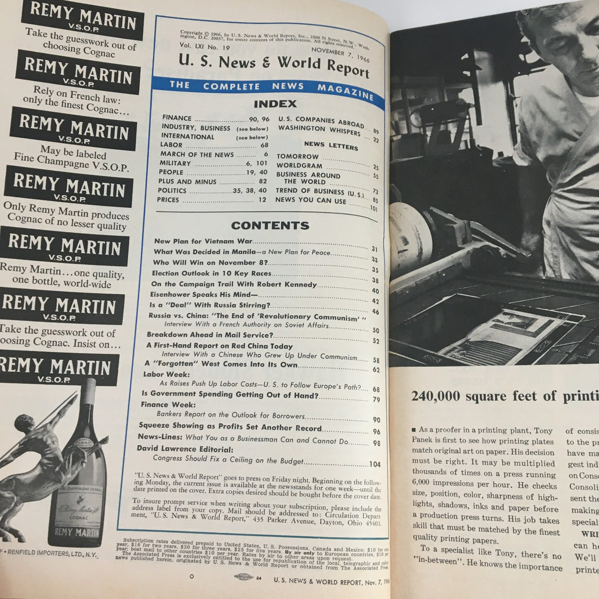 Interior page of vintage U.S. News & World Report from November 7, 1966 showcasing the index and contents, including topics like Vietnam War Strategy and Economic Security.