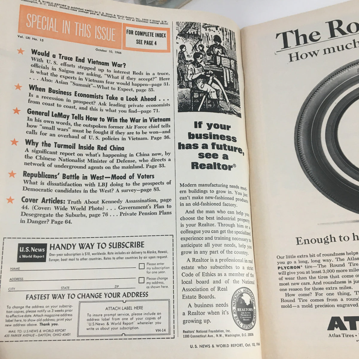 Inside page of VTG U.S. News & World Report October 10 1966, featuring articles on the Vietnam War, Kennedy assassination, and American political landscape.