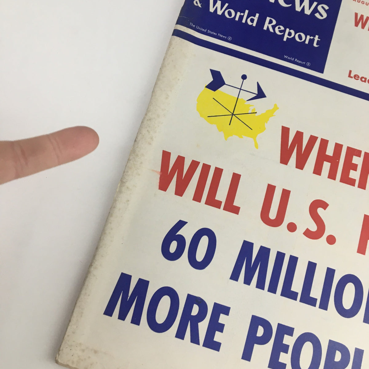 Close-up of the cover of the VTG U.S. News & World Report August 9 1957 featuring the headline: 'Where Will U.S. Put 60 Million More People?' with accompanying graphics.