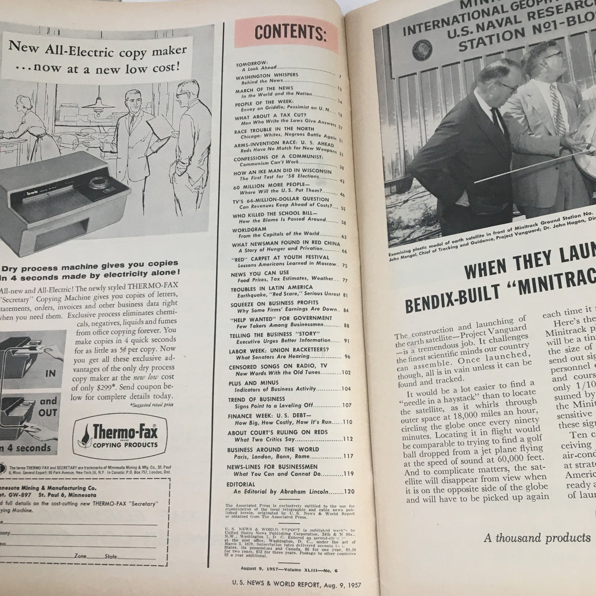 Inside view of the VTG U.S. News & World Report August 9, 1957 magazine showcasing the table of contents along with advertisements for electric copy machines and articles relevant to Congress discussions.