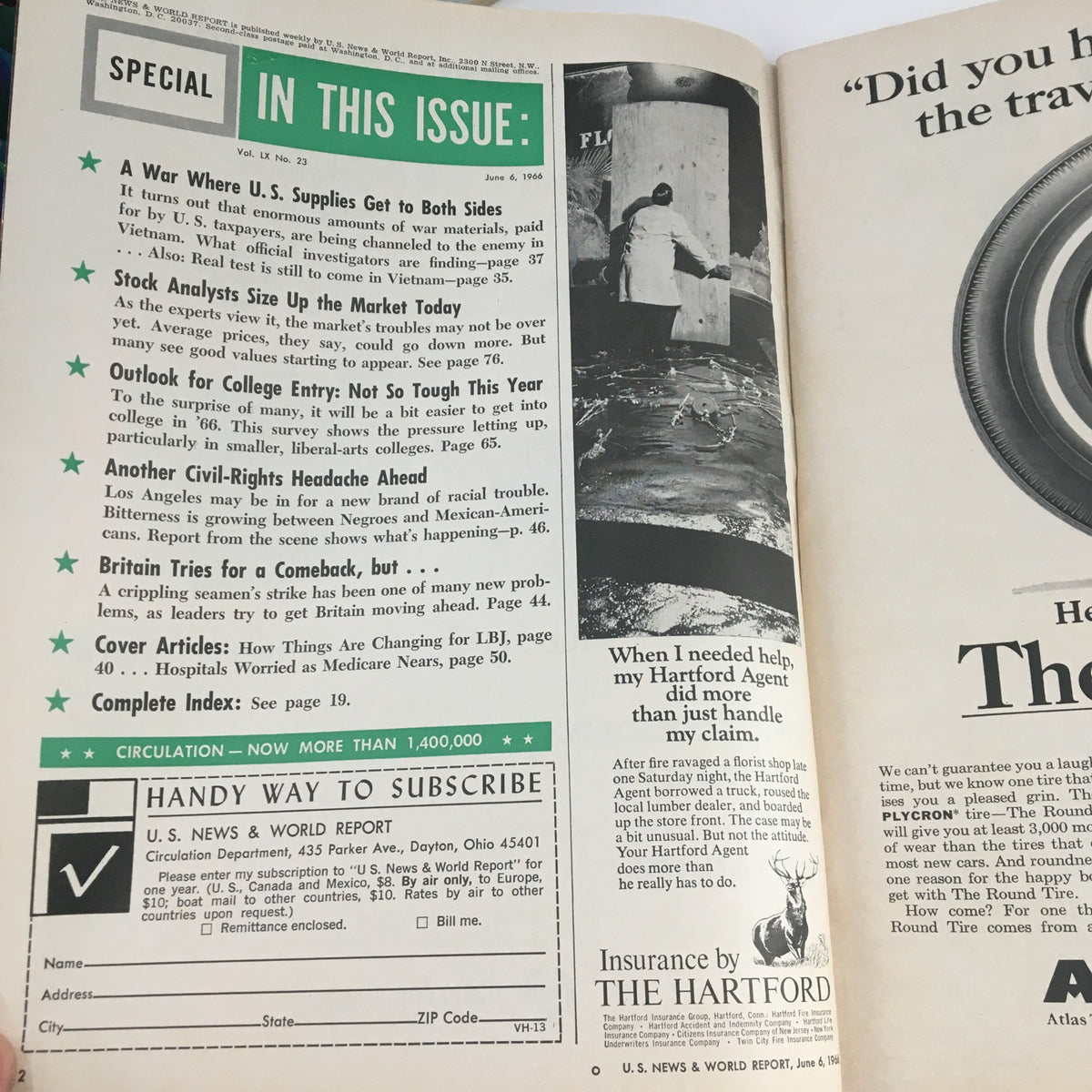 Inside page of the Vintage U.S. News & World Report from June 6, 1966 detailing the issue contents, including 'How Things Are Changing for LBJ' and advertising information.