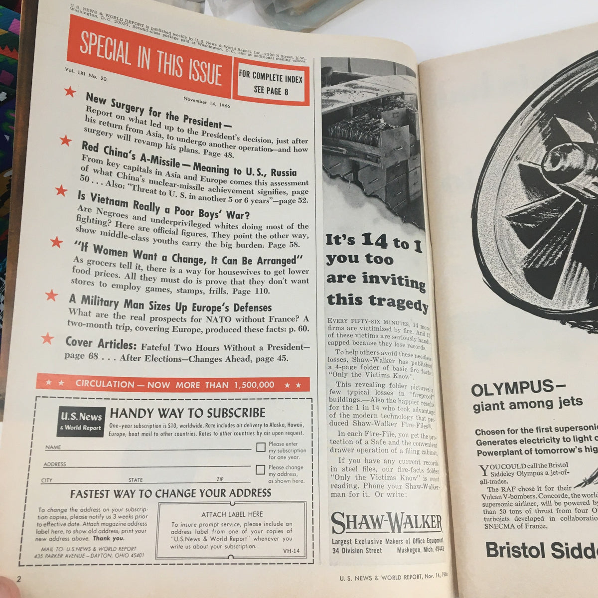 Inside page from VTG U.S. News & World Report November 14 1966, featuring articles including 'New Surgery for the President' and 'Red China's A-Missile – Meaning to U.S., Russia', showcasing the political climate of the 1960s.