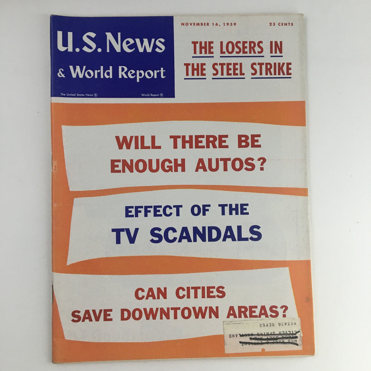 Vintage U.S. News & World Report cover from November 16, 1959, featuring headlines on the effects of TV scandals, the steel strike, and auto availability.