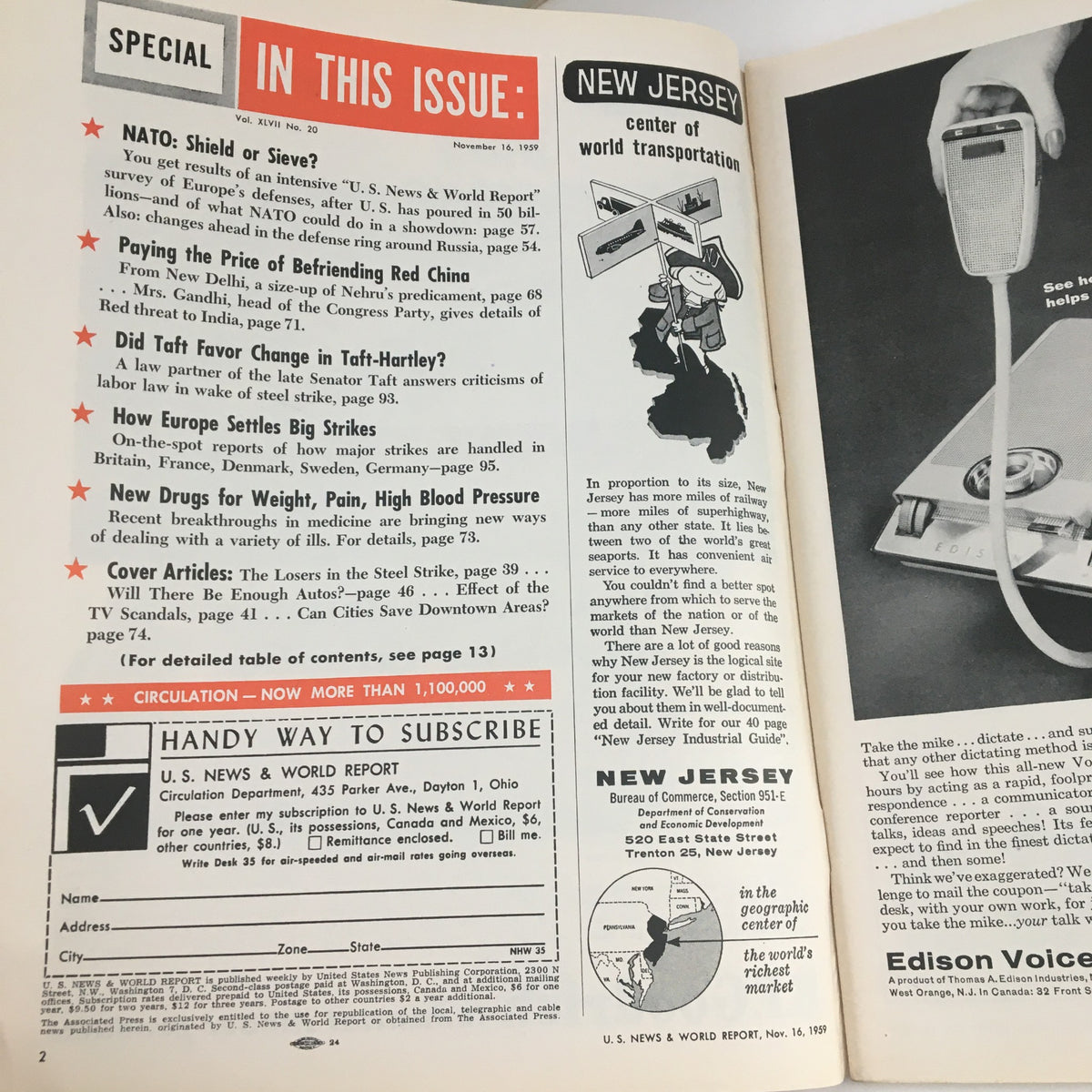 Inside page of the Vintage U.S. News & World Report from November 16, 1959, showcasing articles on international relations, health issues, and labor strikes.