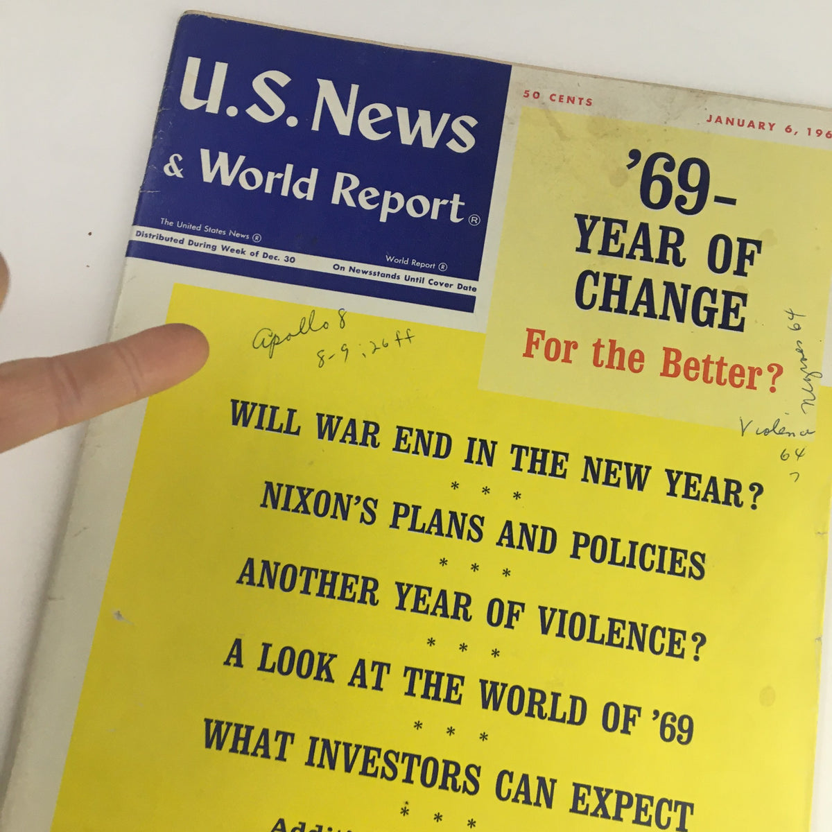 Close-up of the cover of the VTG U.S. News & World Report magazine from January 6, 1969, highlighting the title and markings related to Apollo 8, as well as key topics on Nixon's plans.