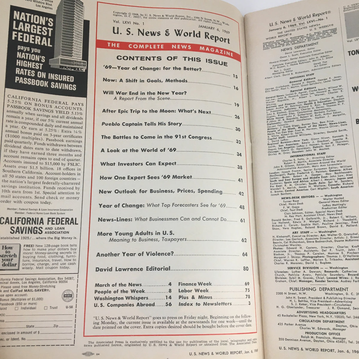 Inside page of the VTG U.S. News & World Report magazine from January 6, 1969, displaying the table of contents, including articles related to Nixon's policies and significant global events.