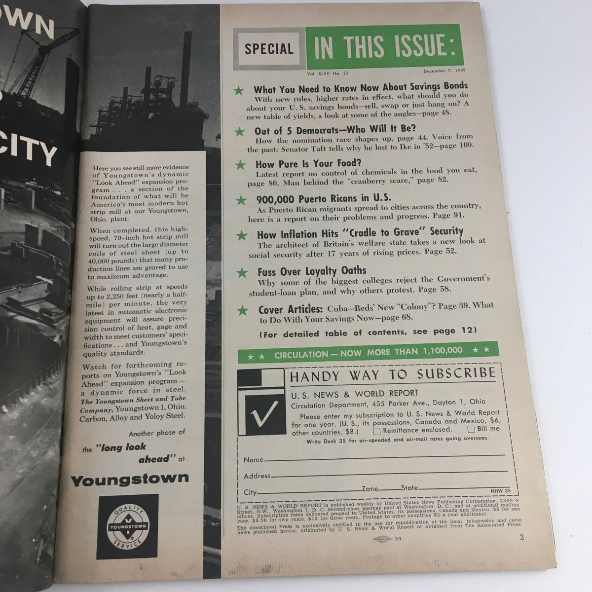 Interior page of the VTG U.S. News & World Report from December 7, 1959, showcasing a special issue with articles on savings bonds, consumer advice, and socioeconomic topics of the era.