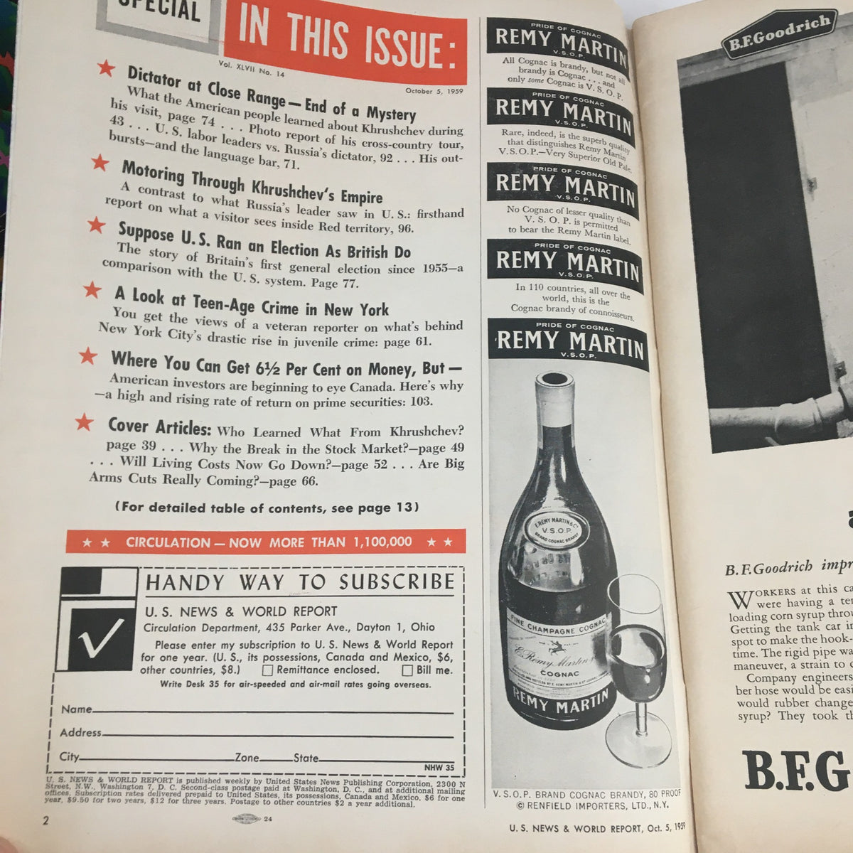 Inside cover page of the vintage U.S. News & World Report from October 5, 1959, highlighting articles on various topics including an analysis of the stock market crash, teen-age crime in New York, and insights into Khrushchev's empire.