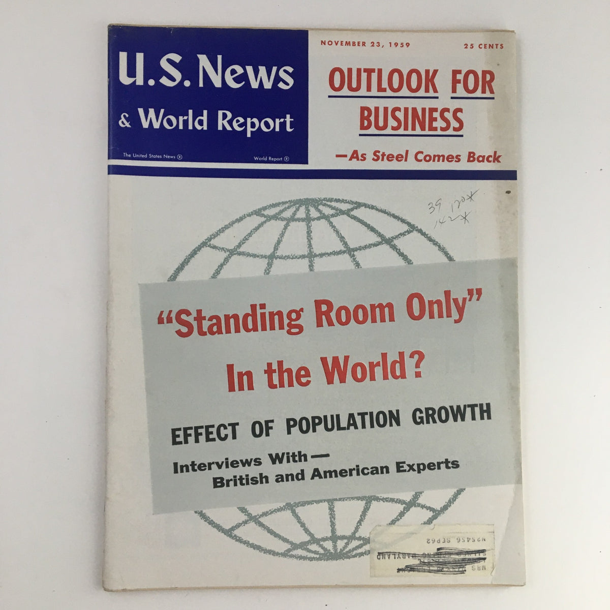 Cover of the U.S. News & World Report dated November 23, 1959, featuring the headline 'Effect of Population Growth' and 'Outlook for Business'. The magazine includes a globe graphic and discusses interviews with British and American experts.