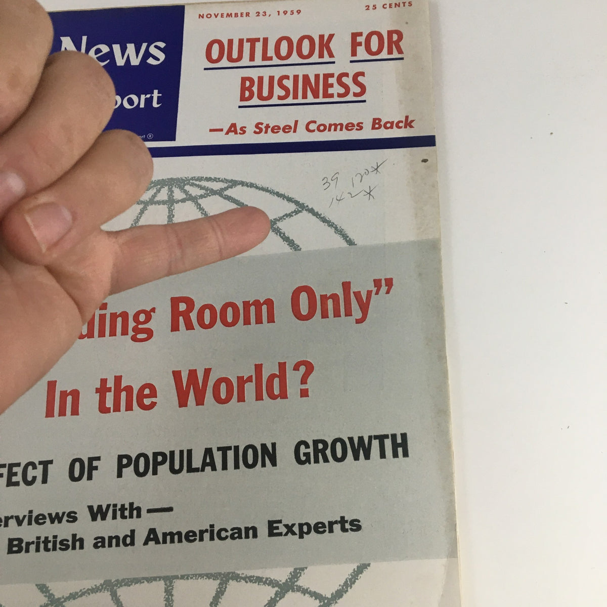 Cover of VTG U.S. News & World Report November 23 1959 showcasing the headline 'Effect of Population Growth' with a hand pointing to the title and a global map graphic.