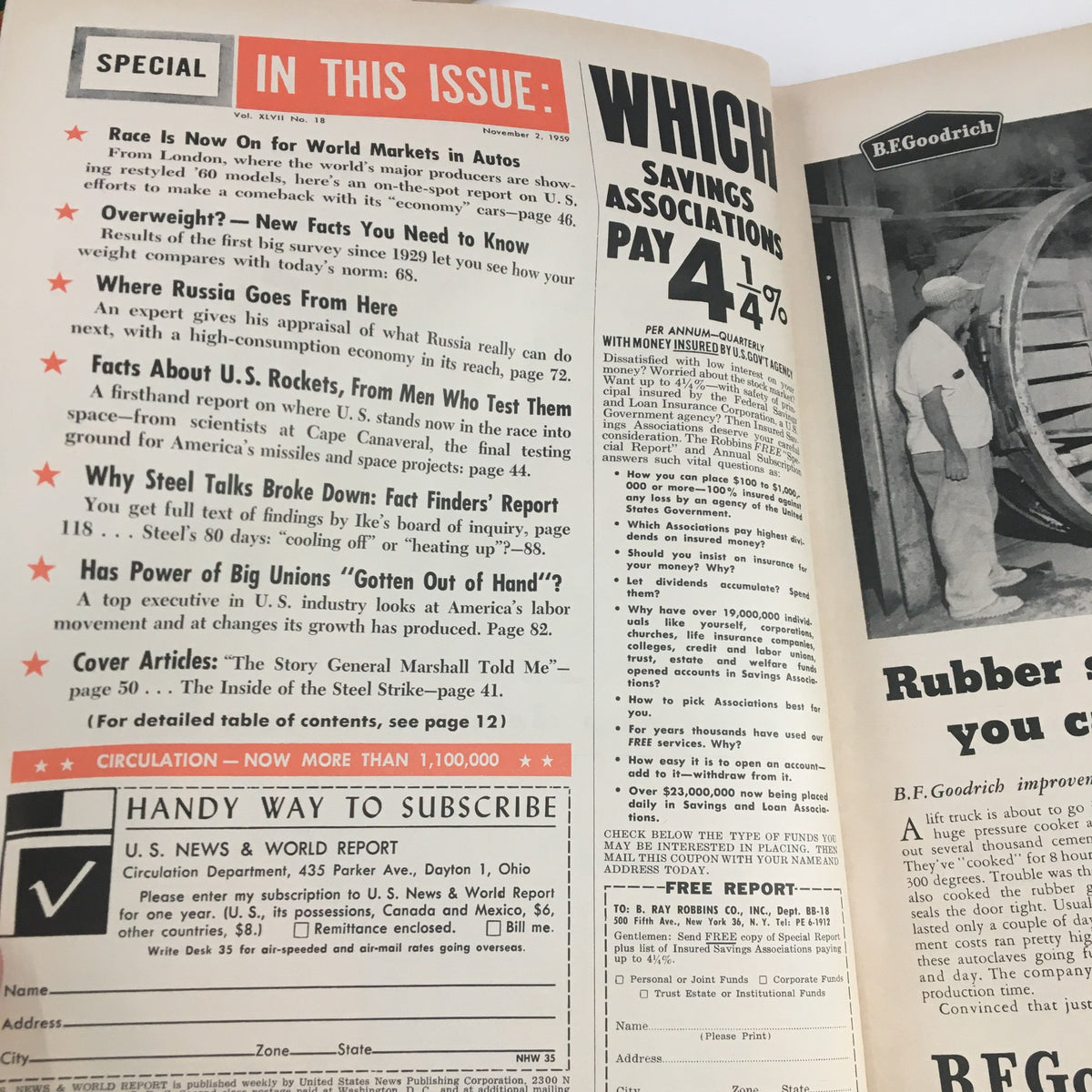 Interior page of the vintage U.S. News & World Report magazine from November 2, 1959, highlighting featured articles including 'Why Steel Talks Broke Down: Fact Finder's Report' and other historical insights.
