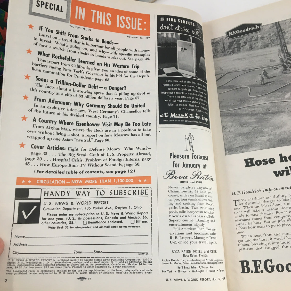 Interior page of the VTG U.S. News & World Report from November 30, 1959 featuring articles including 'If You Shift From Stocks to Bonds' and 'How Europe Runs TV Without Scandal', alongside subscription information.