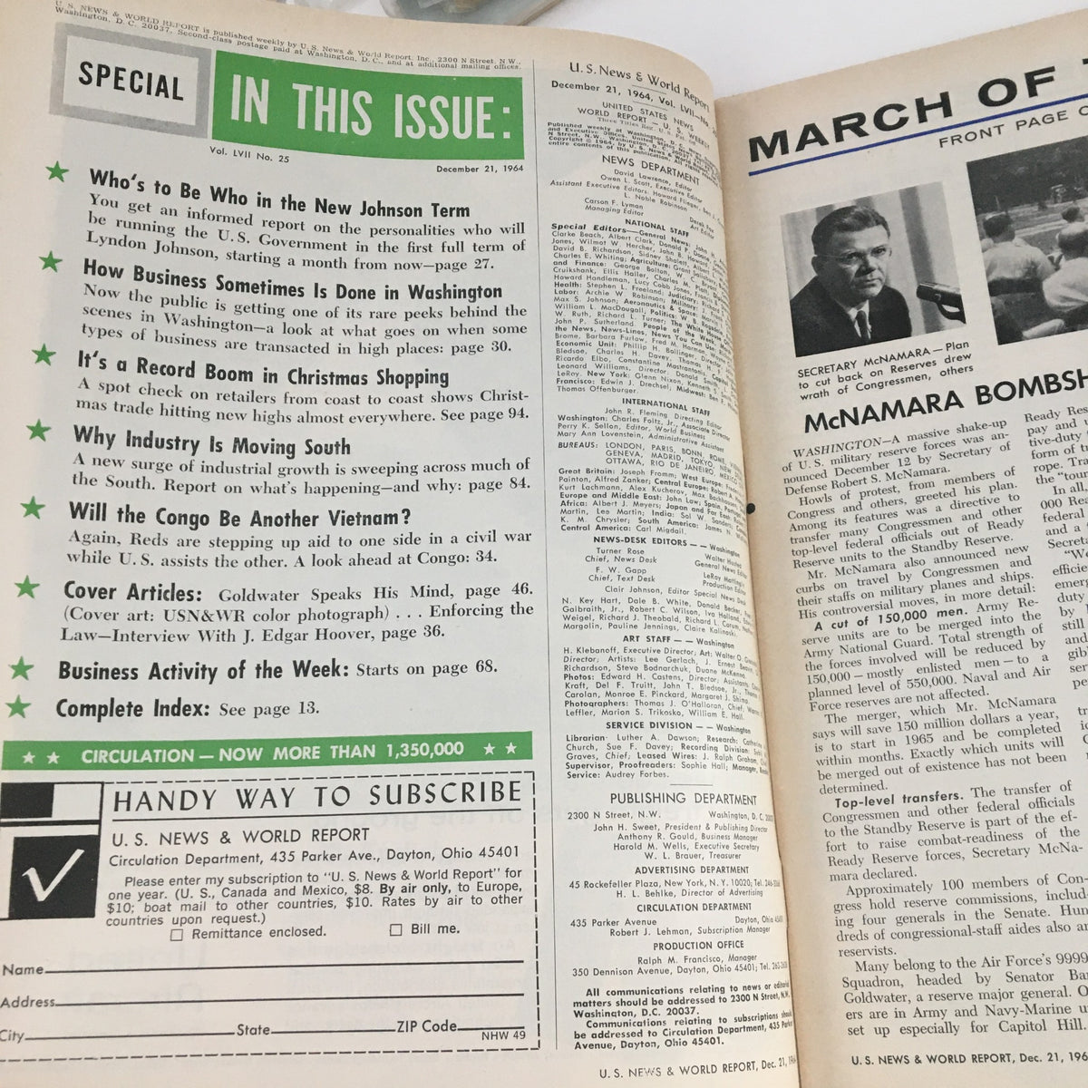 Inside page of U.S. News & World Report from December 21, 1964, showcasing the table of contents and article highlights including Barry Goldwater's cover story.
