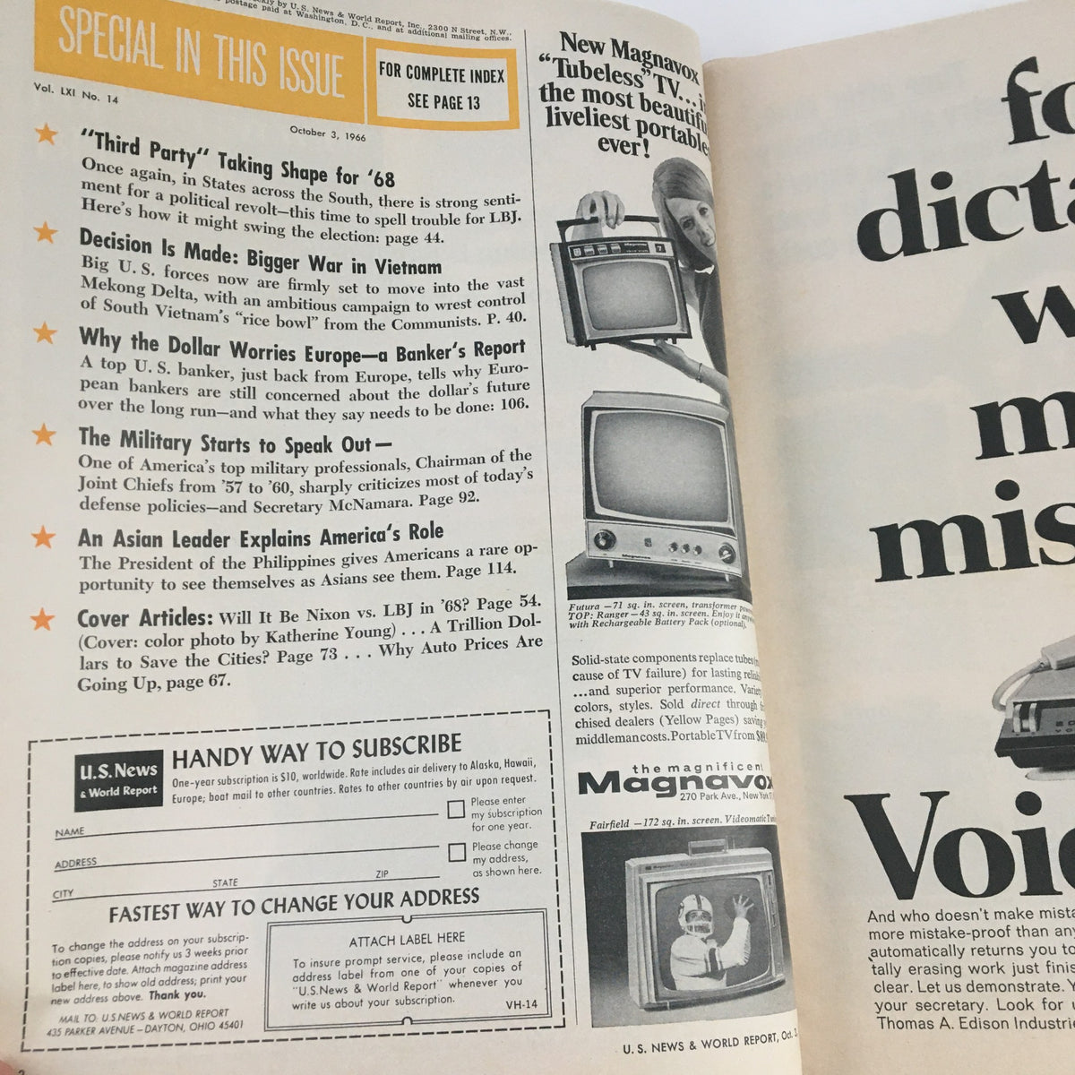 Inside page of VTG U.S. News & World Report October 3 1966 highlighting articles and topics including 'Third Party' prospects for '68 and political issues of the time.