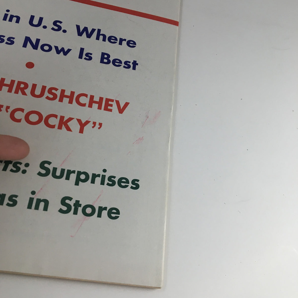 Close-up view of the vintage U.S. News & World Report cover from July 20, 1959, highlighting the statement 'WHY KHRUSHCHEV IS SO "COCKY"' along with other topical headlines.