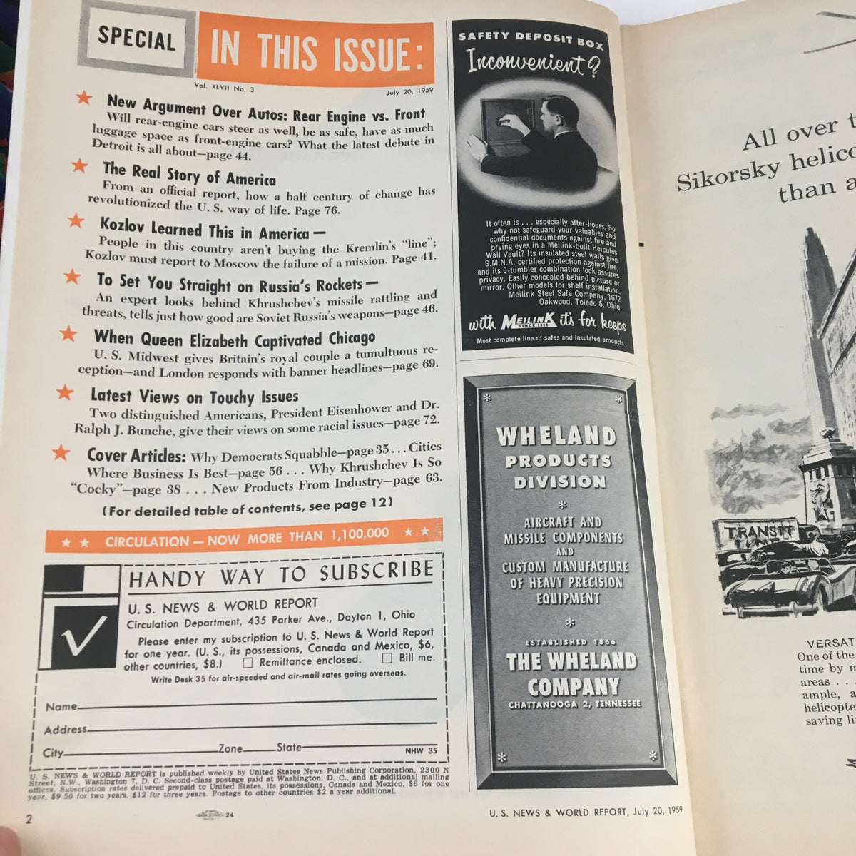 Inside page of the vintage U.S. News & World Report from July 20, 1959, displaying the table of contents with features including articles on politics and historical events.