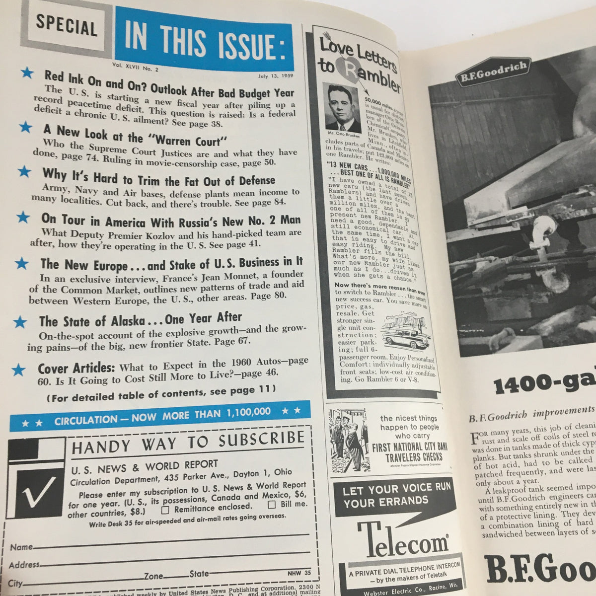 Interior page of the VTG U.S. News & World Report July 13 1959 featuring articles and advertisements, focusing on 1960's automobiles and current events.