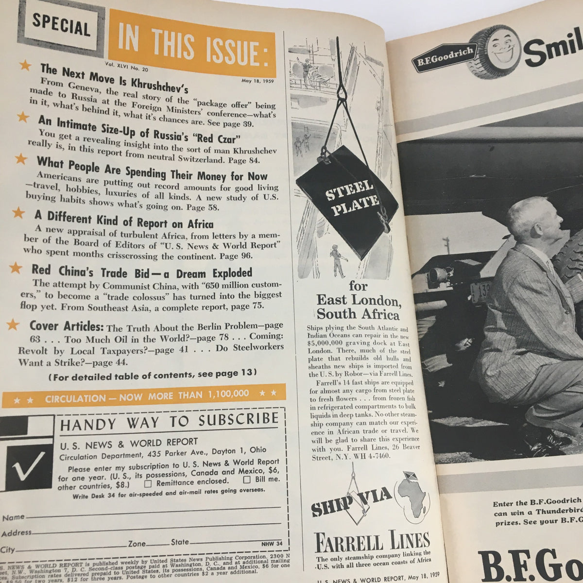 Inside page of the VTG U.S. News & World Report May 18 1959, displaying special features including articles on Khrushchev, consumer spending, and political reports.