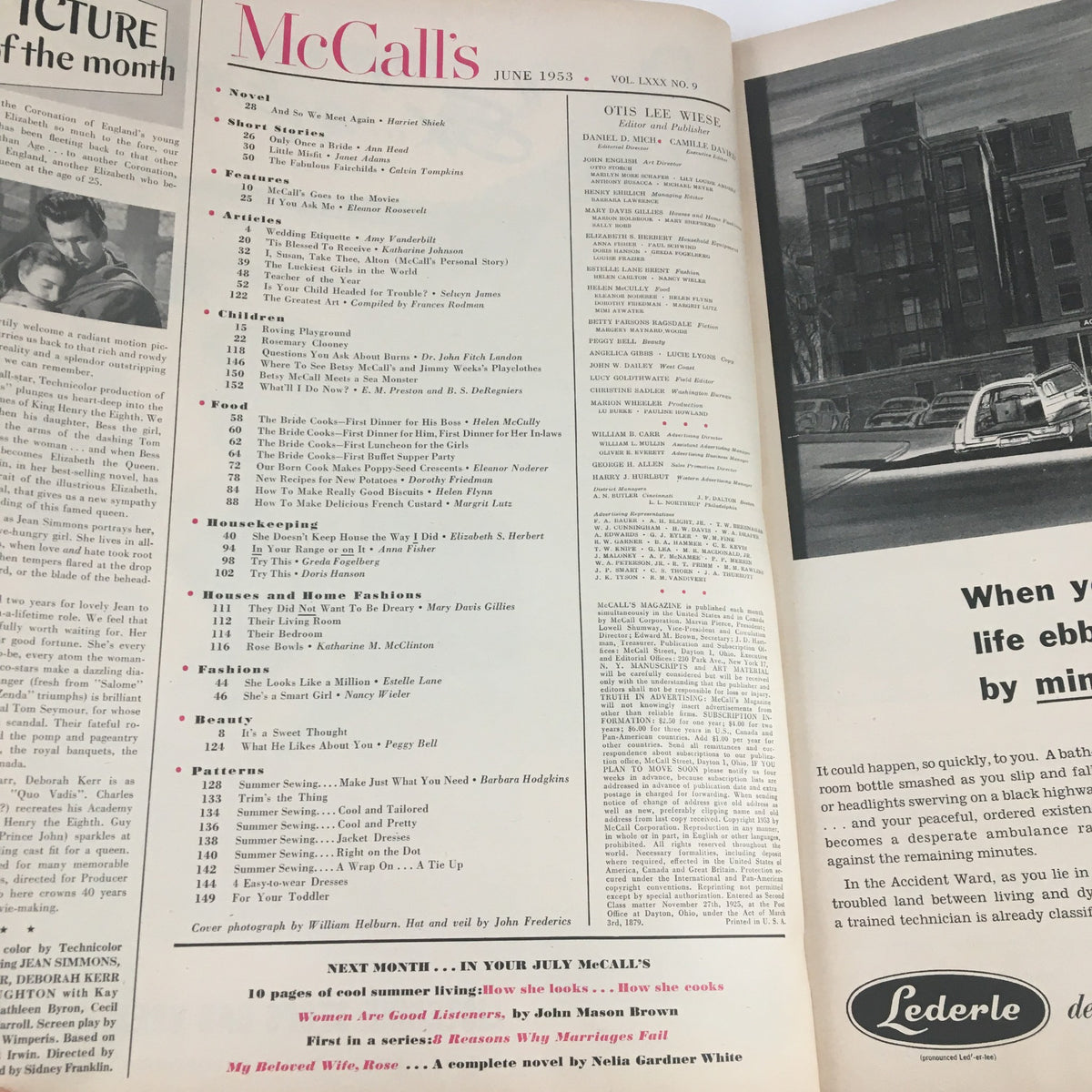 Interior page of VTG McCall's Magazine June 1953 showcasing the table of contents, highlighting various articles and features related to bridal themes.