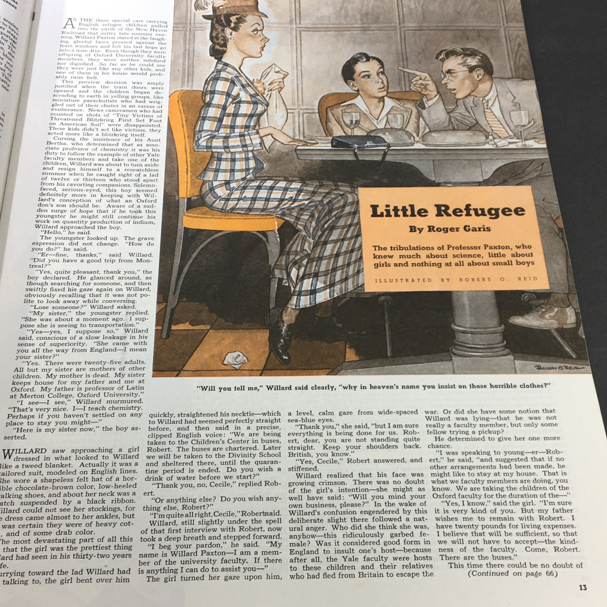 Illustration from VTG Collier's Magazine October 26, 1940 titled 'Little Refugee' by Roger Garis, depicting a scene involving characters in conversation at a table.