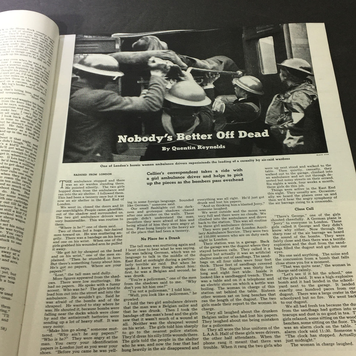 Photograph from VTG Collier's Magazine October 26, 1940 showing women ambulance drivers in London during World War II, accompanying the article 'Nobody's Better Off Dead' by Quentin Reynolds.