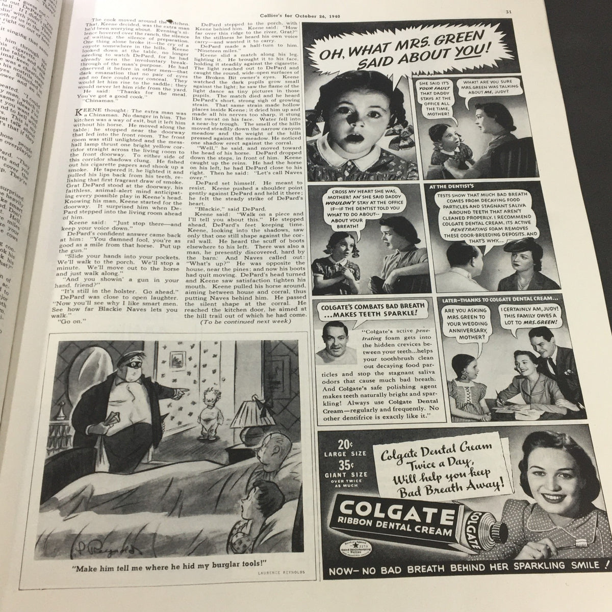 Page from VTG Collier's Magazine October 26, 1940 featuring a narrative with illustrative content, showcasing advertisements and stories reflective of the era.
