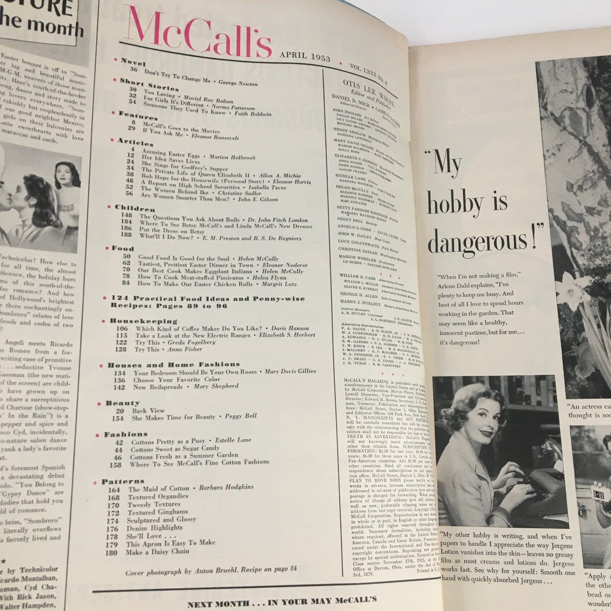 Inside page of VTG McCall's Magazine April 1953 showcasing the table of contents, featuring columns on articles related to food, beauty, and fashion from the era.
