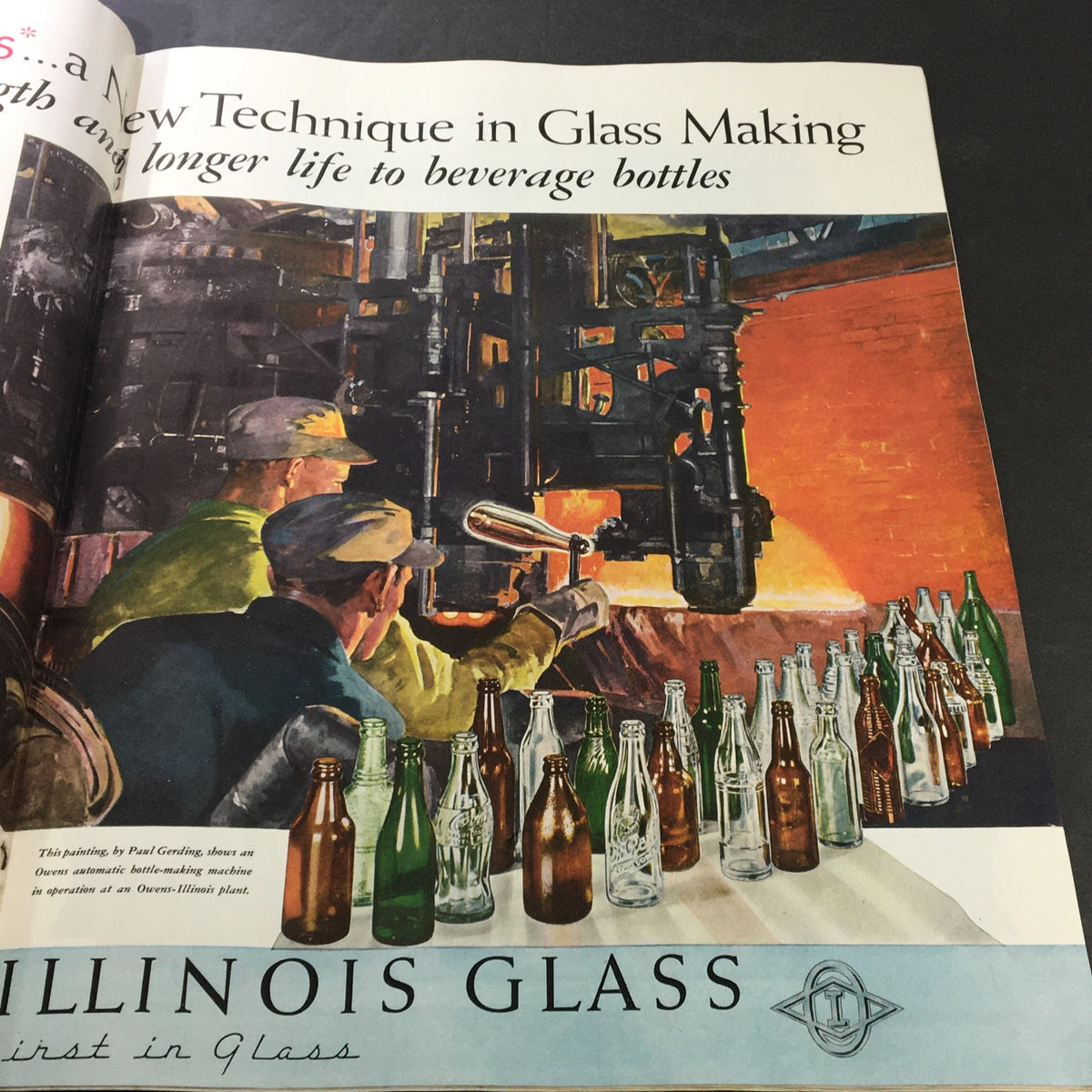 Advertisement featured in VTG Collier's Magazine October 26, 1940 promoting a new glass making technique, with workers in an industrial setting handling glass bottles.