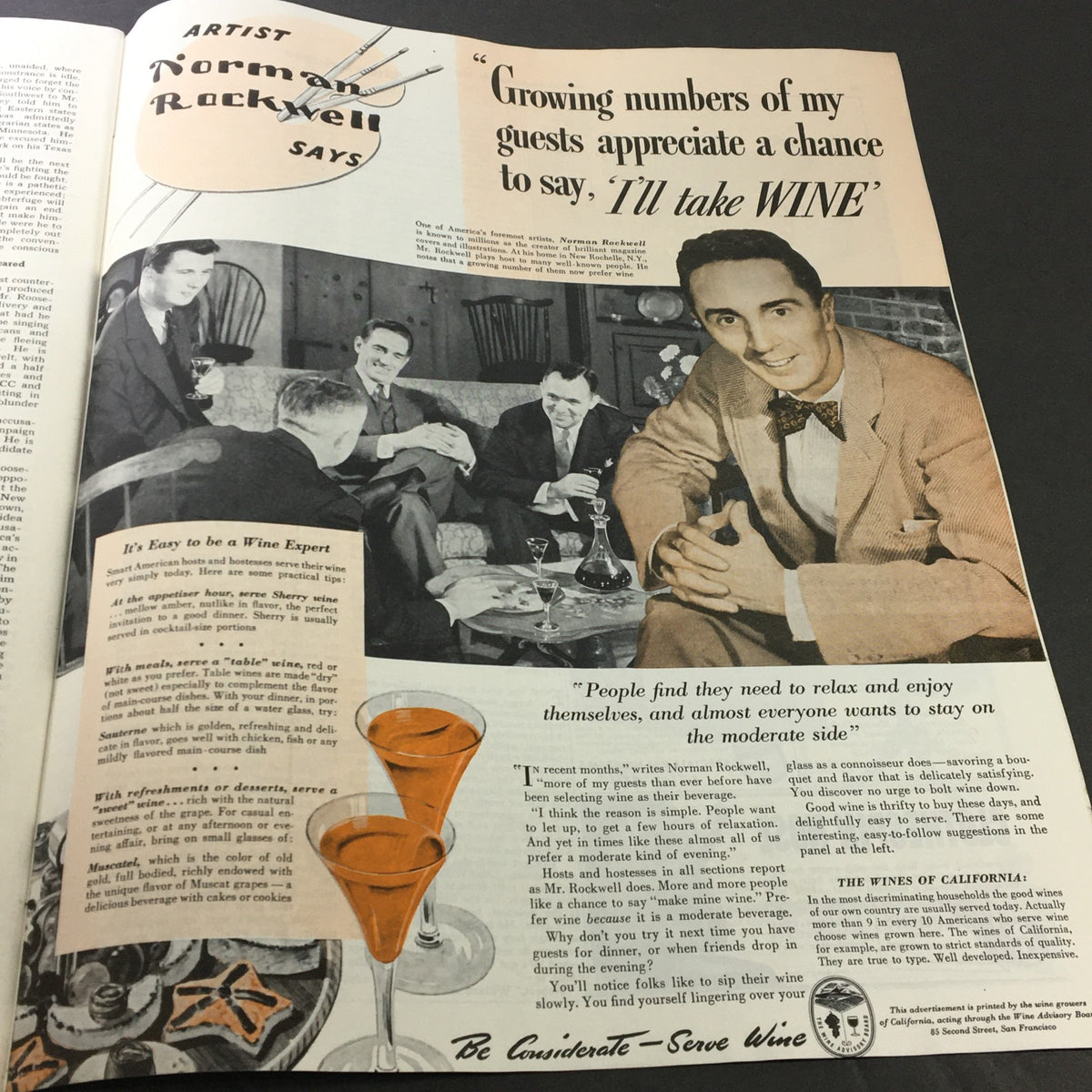 Norman Rockwell illustration in VTG Collier's Magazine October 26, 1940 discussing wine serving tips for hosts, with men gathered in a social setting.