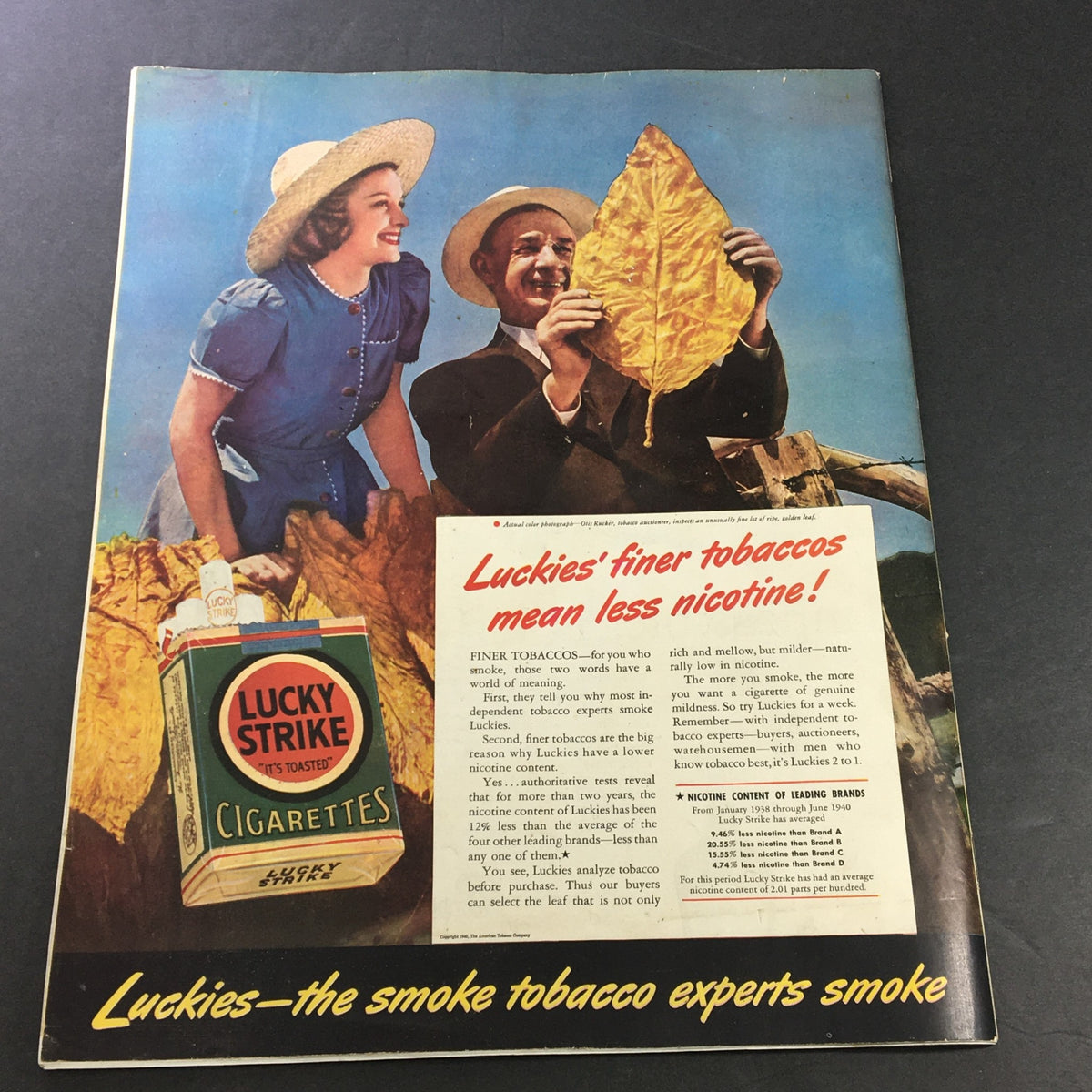 Vintage advertisement for Lucky Strike cigarettes from Collier's Magazine, featuring a man and a woman with tobacco leaves. The ad highlights 'Luckies' finer tobaccos mean less nicotine!' from the October 26, 1940 issue, titled 'Mr. Willkie's Chances' by Walter Davenport.