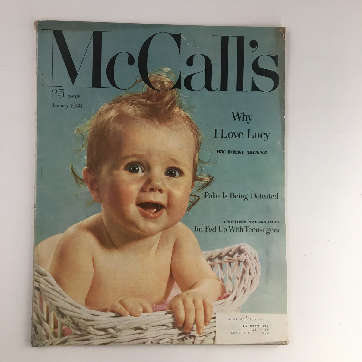 VTG McCall's Magazine January 1953 cover featuring a smiling baby in a basket, with the main article 'Mother Speaks Out: I'm Fed Up with Teen-Agers' highlighted.